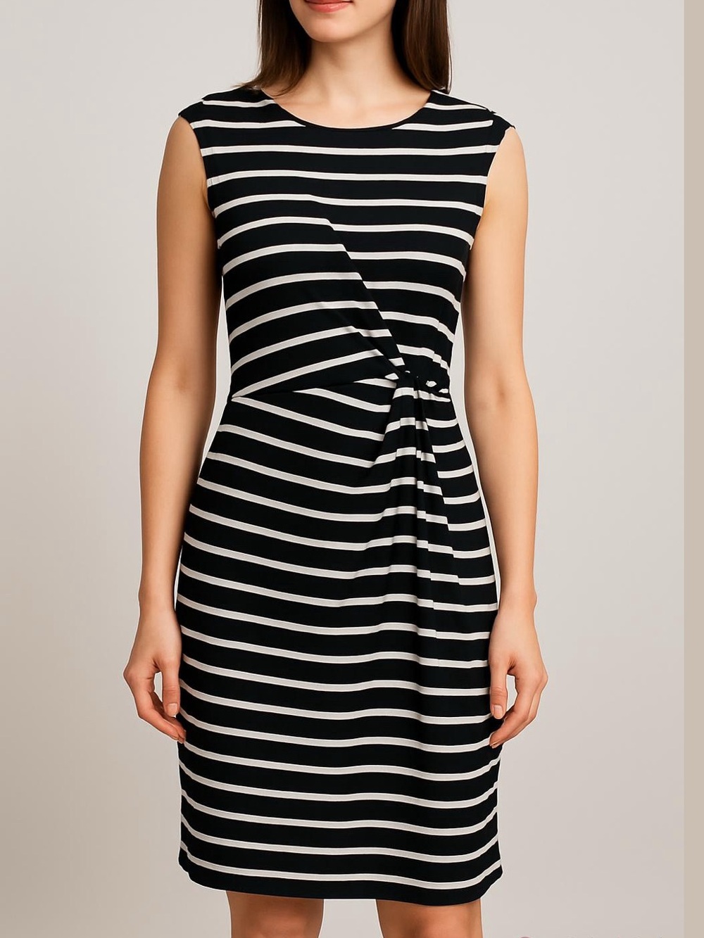 LOFT Black & White Striped Knot-Front short sleeve Dress size medium flattering